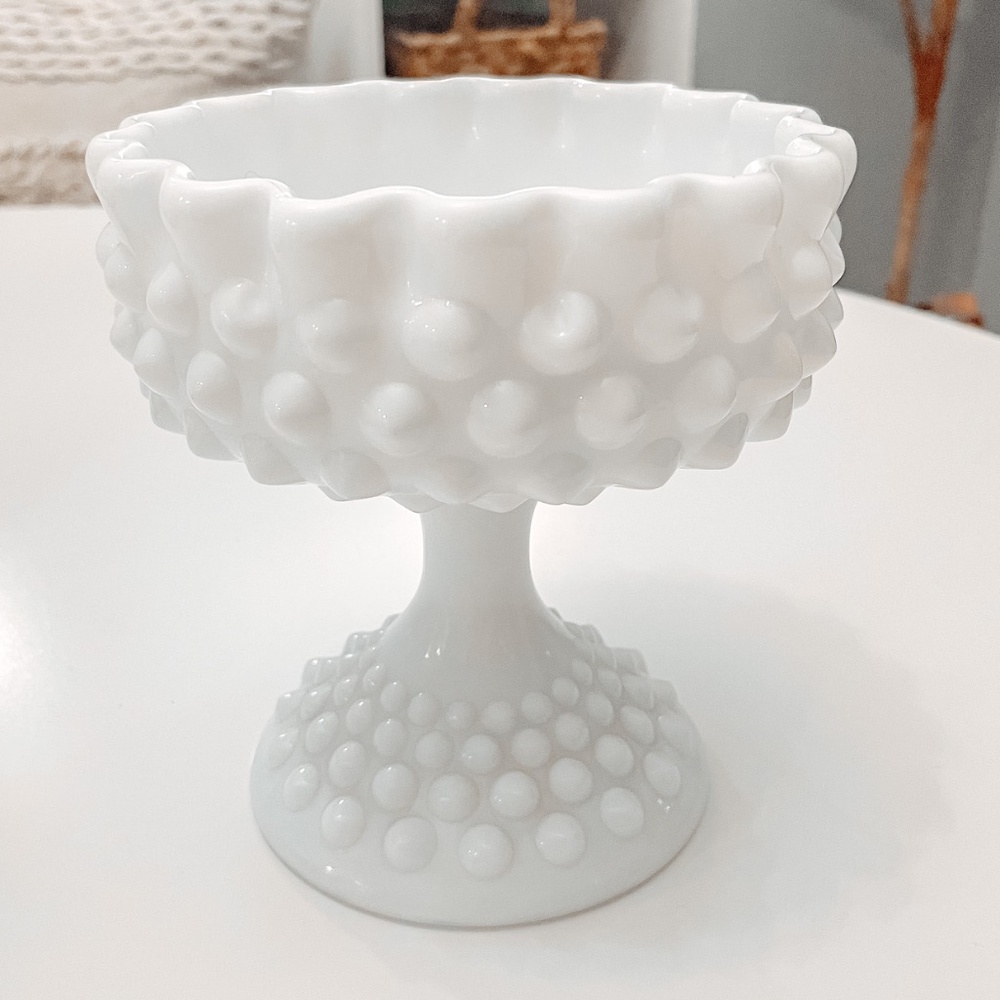 Vintage Fenton Hobnail Milk Glass Pedestal Compote Candy Dish